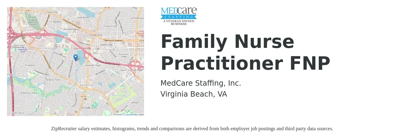 MedCare Staffing, Inc. job posting for a Family Nurse Practitioner FNP in Virginia Beach, VA with a salary of $97,700 to $123,800 Yearly with a map of Virginia Beach location.