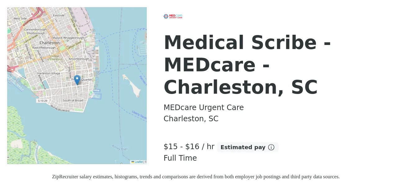 MEDcare Urgent Care job posting for a Medical Scribe - MEDcare - Charleston, SC in Charleston, SC with a salary of $16 to $17 Hourly with a map of Charleston location.