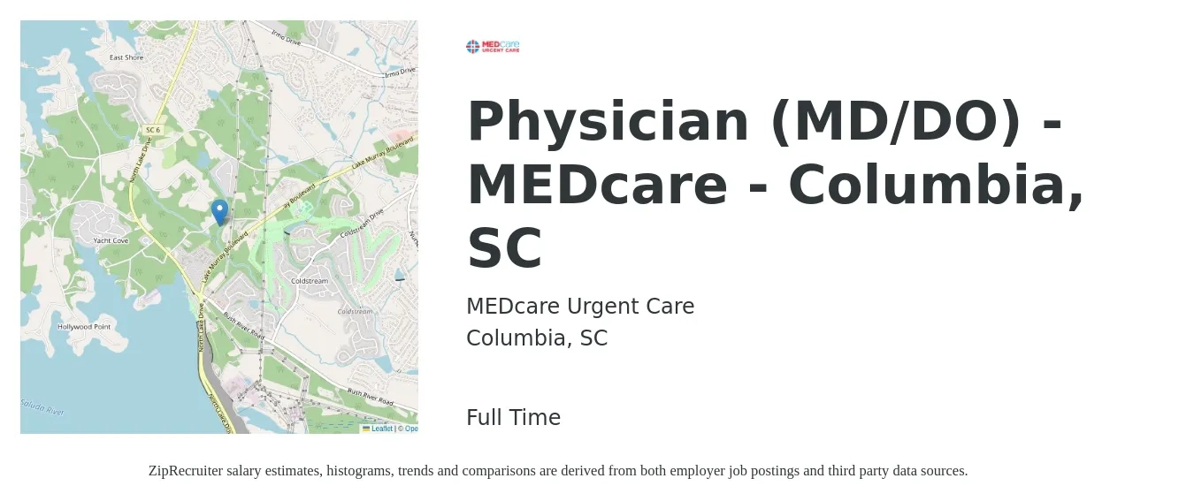 MEDcare Urgent Care job posting for a Physician (MD/DO) - MEDcare - Columbia, SC in Columbia, SC with a salary of $203,500 to $241,500 Yearly with a map of Columbia location.