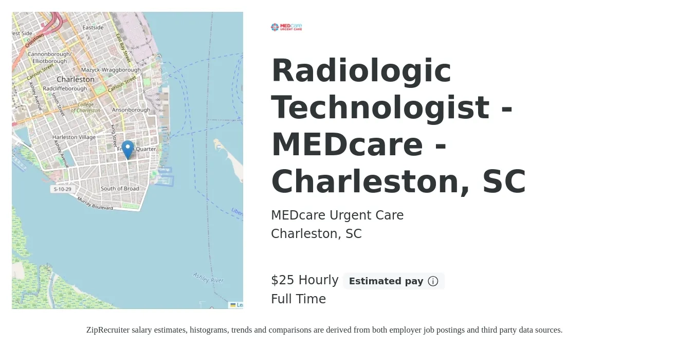 MEDcare Urgent Care job posting for a Radiologic Technologist - MEDcare - Charleston, SC in Charleston, SC with a salary of $26 to $27 Hourly with a map of Charleston location.