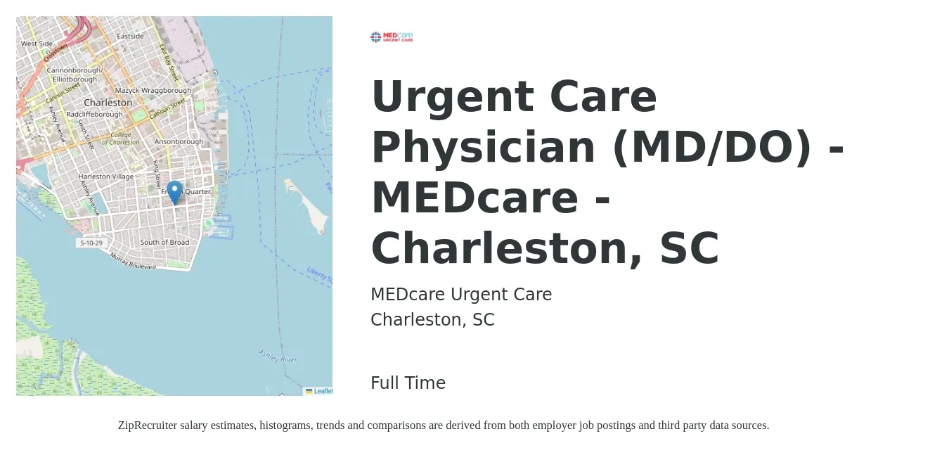 MEDcare Urgent Care job posting for a Urgent Care Physician (MD/DO) - MEDcare - Charleston, SC in Charleston, SC with a salary of $205,900 to $244,200 Yearly with a map of Charleston location.