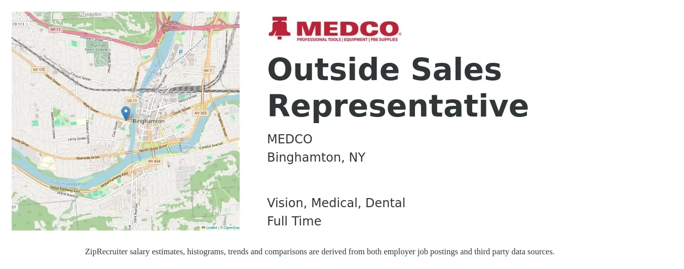 MEDCO job posting for a Outside Sales Representative in Binghamton, NY with a salary of $50,300 to $86,200 Yearly and benefits including retirement, vision, dental, life_insurance, and medical with a map of Binghamton location.