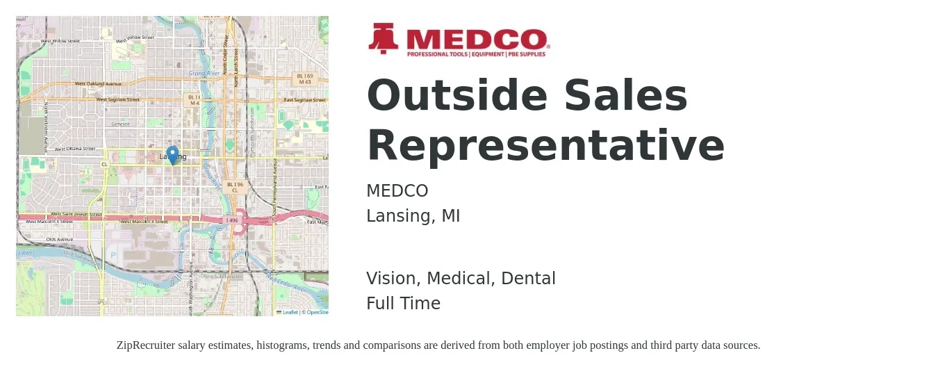 MEDCO job posting for a Outside Sales Representative in Lansing, MI with a salary of $53,200 to $91,300 Yearly and benefits including dental, life_insurance, medical, retirement, and vision with a map of Lansing location.