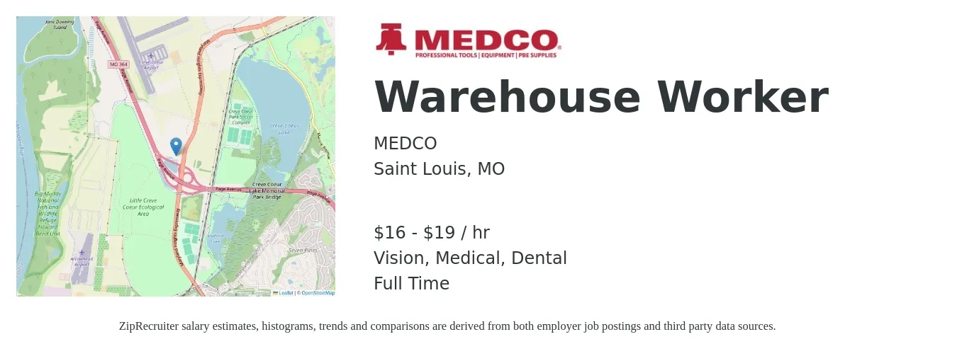 MEDCO job posting for a Warehouse Worker in Saint Louis, MO with a salary of $16 to $19 Hourly and benefits including life_insurance, medical, retirement, vision, and dental with a map of Saint Louis location.