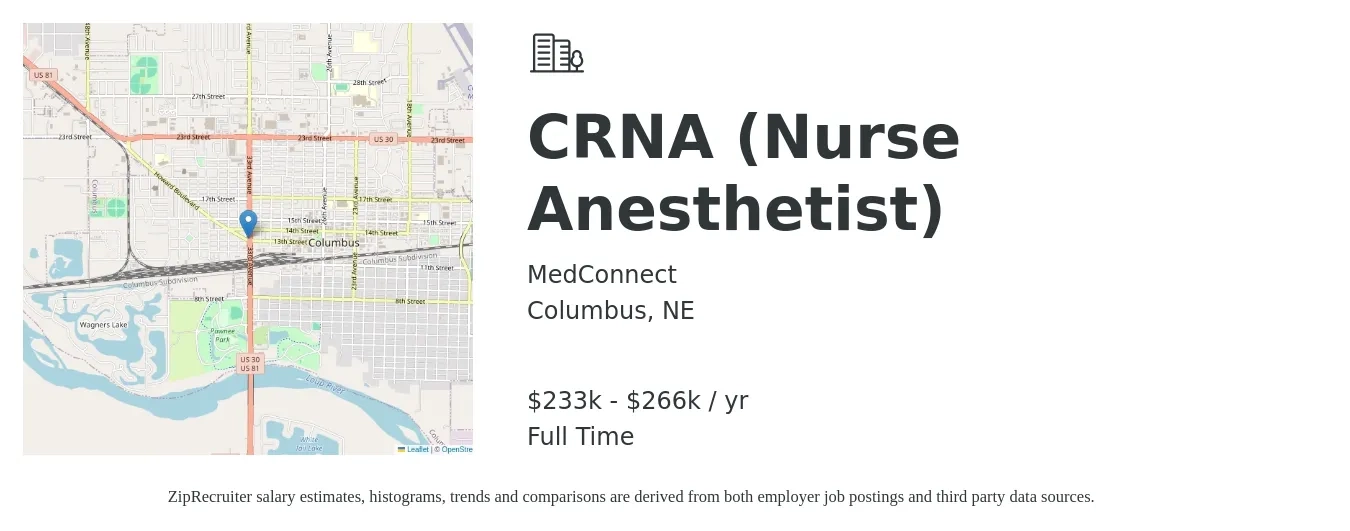 MedConnect job posting for a CRNA (Nurse Anesthetist) in Columbus, NE with a salary of $233,043 to $266,240 Yearly with a map of Columbus location.