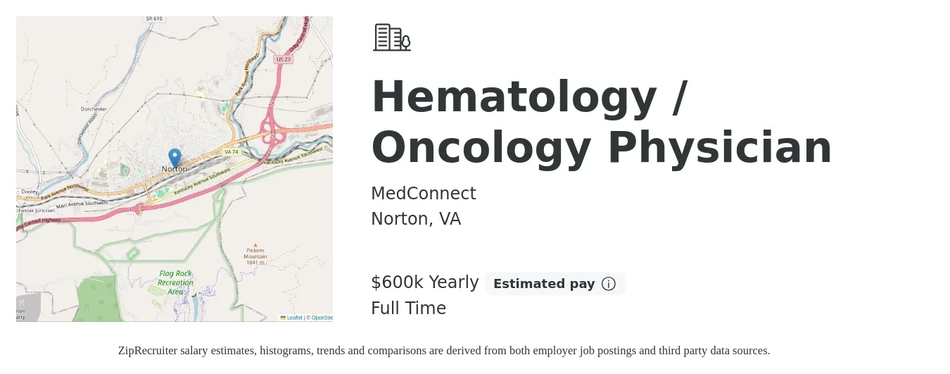 MedConnect job posting for a Hematology / Oncology Physician in Norton, VA with a salary of $600,000 Yearly with a map of Norton location.