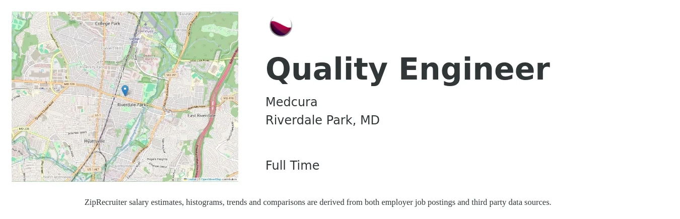 Medcura job posting for a Quality Engineer in Riverdale Park, MD with a salary of $72,300 to $93,400 Yearly with a map of Riverdale Park location.