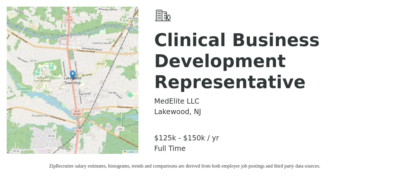 MedElite LLC job posting for a Clinical Business Development Representative in Lakewood, NJ with a salary of $125,000 to $150,000 Yearly with a map of Lakewood location.