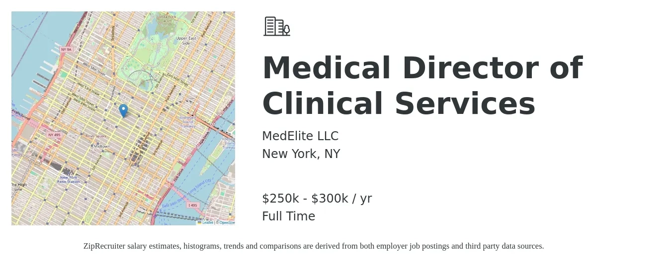 MedElite LLC job posting for a Medical Director of Clinical Services in New York, NY with a salary of $250,000 to $300,000 Yearly with a map of New York location.