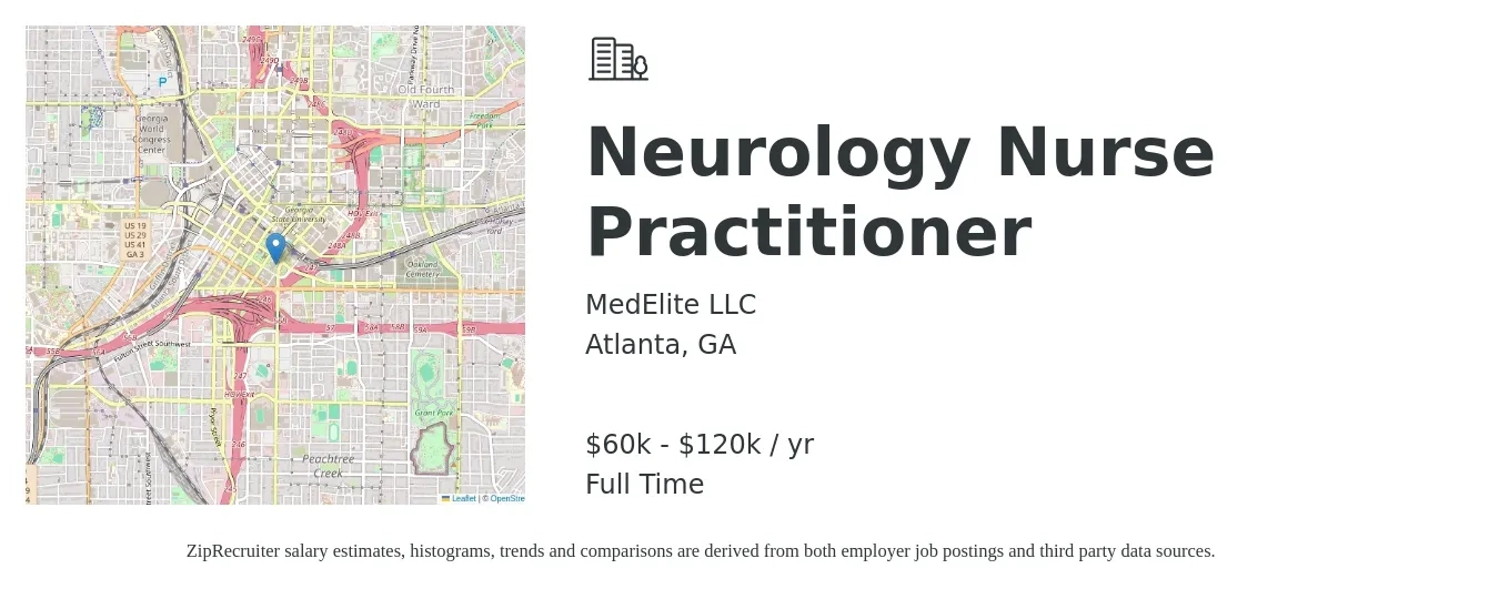 MedElite LLC job posting for a Neurology Nurse Practitioner in Atlanta, GA with a salary of $60,000 to $120,000 Yearly with a map of Atlanta location.