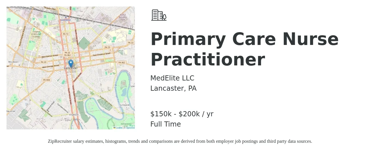 MedElite LLC job posting for a Primary Care Nurse Practitioner in Lancaster, PA with a salary of $150,000 to $200,000 Yearly with a map of Lancaster location.