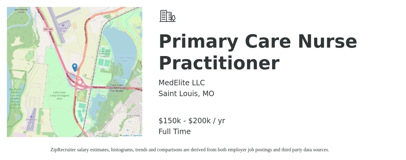 MedElite LLC job posting for a Primary Care Nurse Practitioner in Saint Louis, MO with a salary of $150,000 to $200,000 Yearly with a map of Saint Louis location.