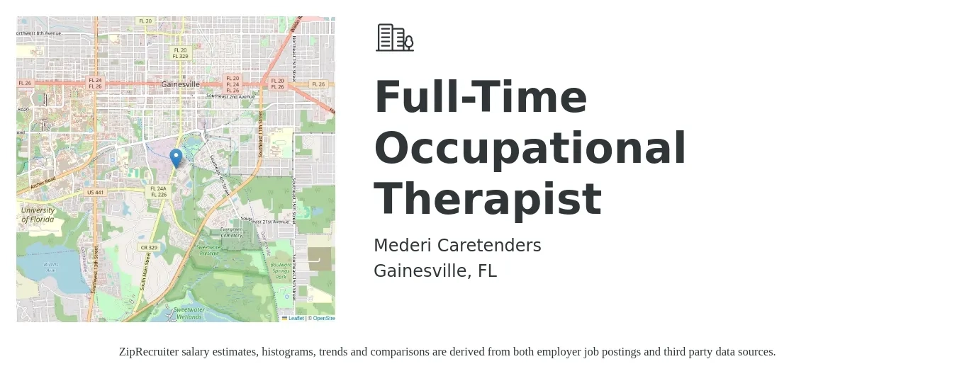 Mederi Caretenders job posting for a Full-Time Occupational Therapist in Gainesville, FL with a salary of $36 to $48 Hourly with a map of Gainesville location.