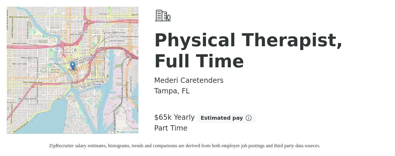 Mederi Caretenders job posting for a Physical Therapist, Full Time in Tampa, FL with a salary of $1,570 to $2,030 Weekly with a map of Tampa location.