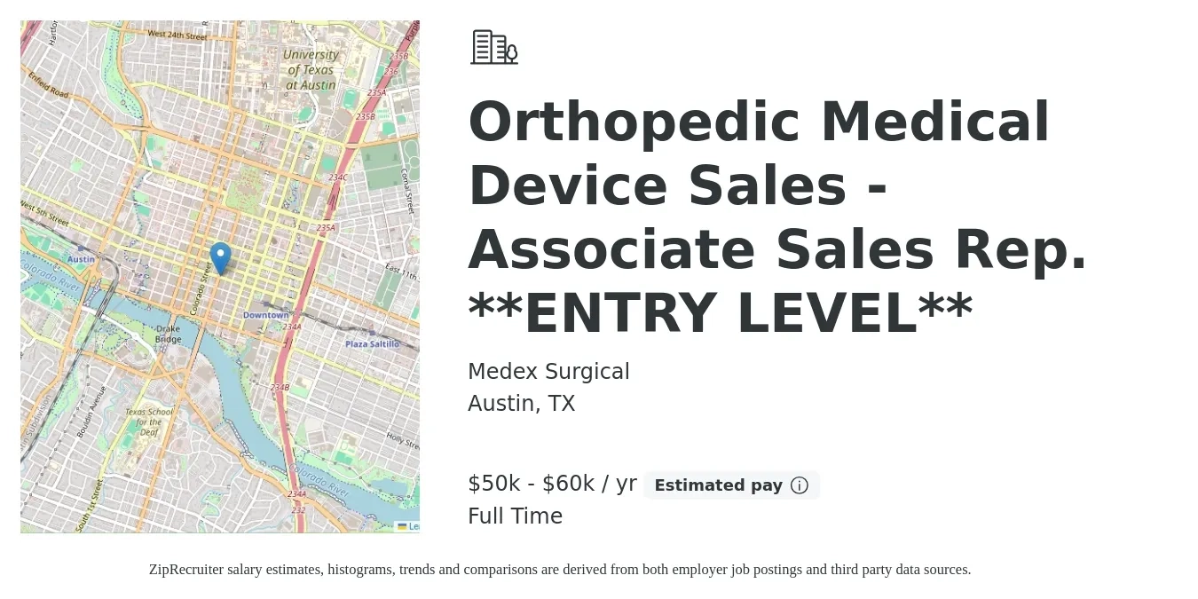 Medex Surgical job posting for a Orthopedic Medical Device Sales - Associate Sales Rep. **ENTRY LEVEL** in Austin, TX with a salary of $50,000 to $60,000 Yearly with a map of Austin location.