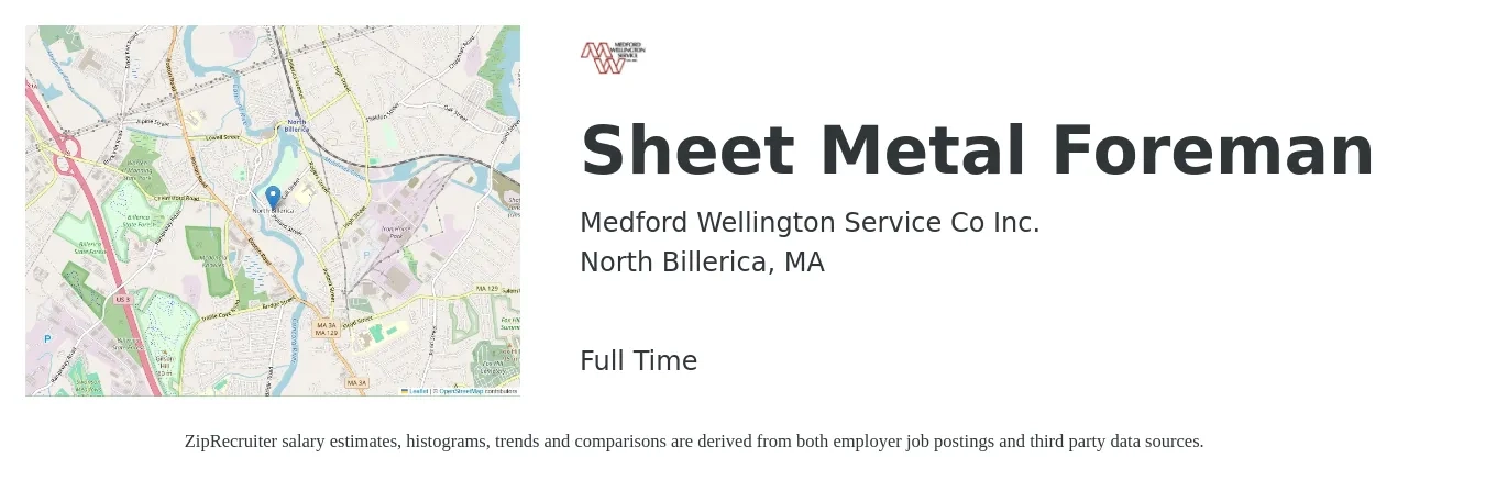 Medford Wellington Service Co Inc. job posting for a Sheet Metal Foreman in North Billerica, MA with a salary of $30 to $41 Hourly with a map of North Billerica location.