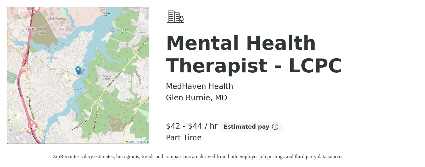 MedHaven Health job posting for a Mental Health Therapist - LCPC in Glen Burnie, MD with a salary of $44 to $46 Hourly and benefits including pto with a map of Glen Burnie location.