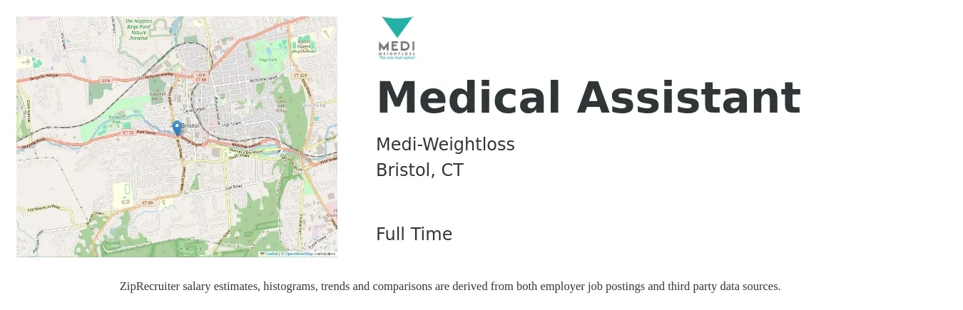 Medi-Weightloss job posting for a Medical Assistant in Bristol, CT with a salary of $18 to $23 Hourly with a map of Bristol location.