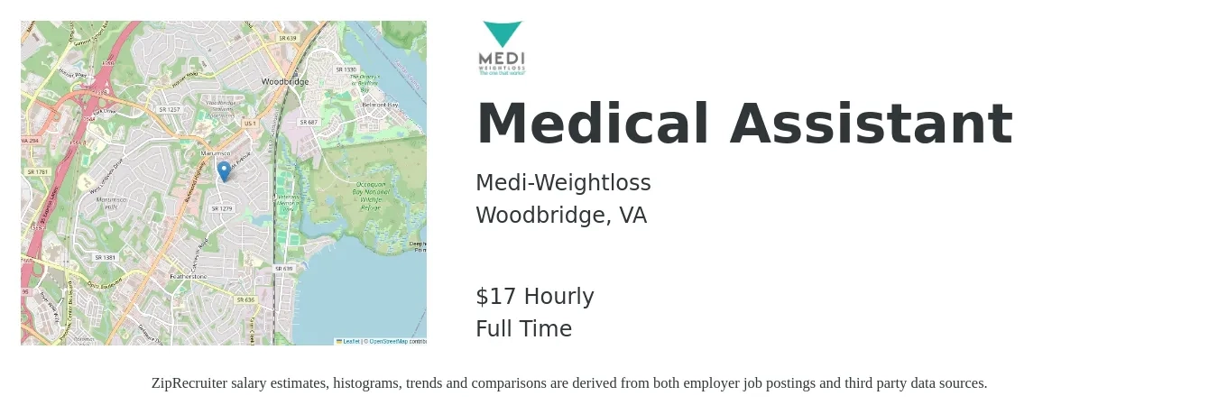 Medi-Weightloss job posting for a Medical Assistant in Woodbridge, VA with a salary of $18 Hourly with a map of Woodbridge location.