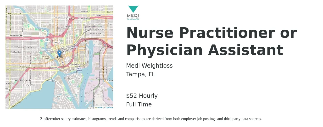 Medi-Weightloss job posting for a Nurse Practitioner or Physician Assistant in Tampa, FL with a salary of $55 Hourly with a map of Tampa location.