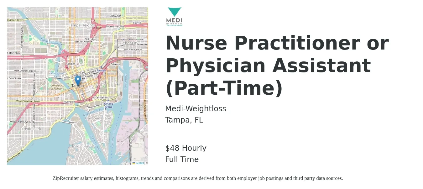 Medi-Weightloss job posting for a Nurse Practitioner or Physician Assistant (Part-Time) in Tampa, FL with a salary of $50 Hourly with a map of Tampa location.