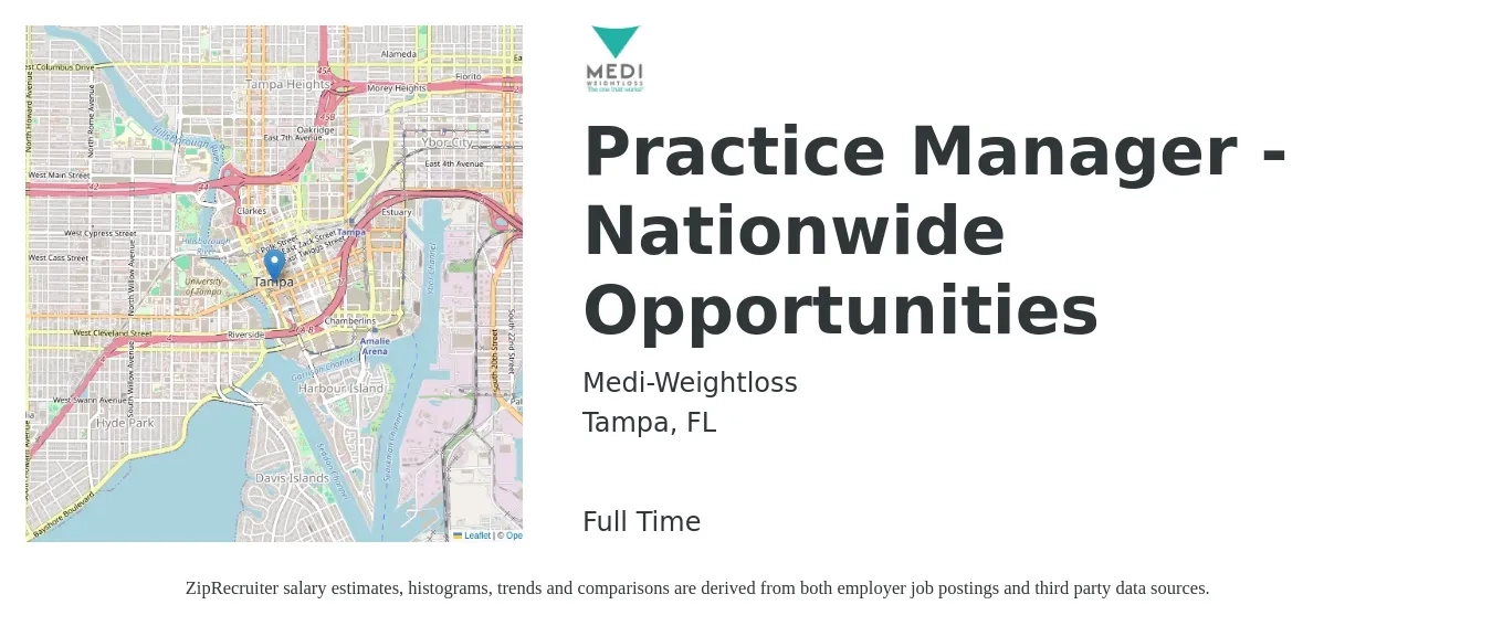 Medi-Weightloss job posting for a Practice Manager - Nationwide Opportunities in Tampa, FL with a salary of $53,900 to $74,700 Yearly with a map of Tampa location.