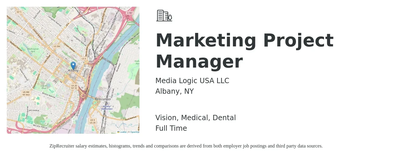 Media Logic USA LLC job posting for a Marketing Project Manager in Albany, NY with a salary of $34 to $55 Hourly and benefits including vision, dental, life_insurance, medical, pto, and retirement with a map of Albany location.