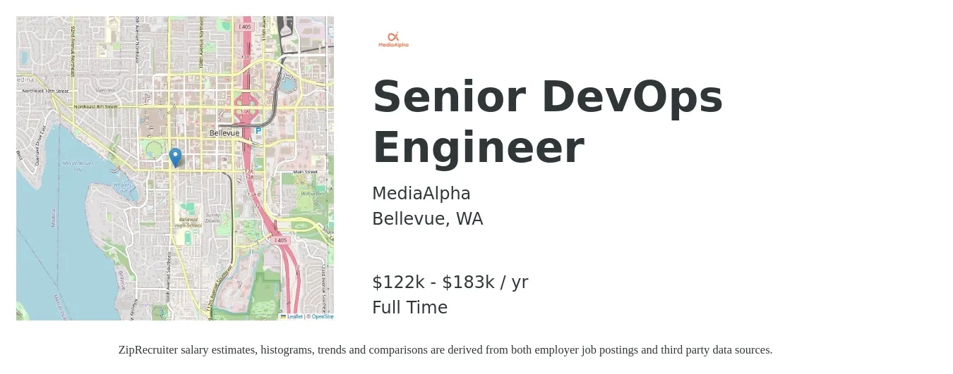 MediaAlpha job posting for a Senior DevOps Engineer in Bellevue, WA with a salary of $122,000 to $183,000 Yearly with a map of Bellevue location.