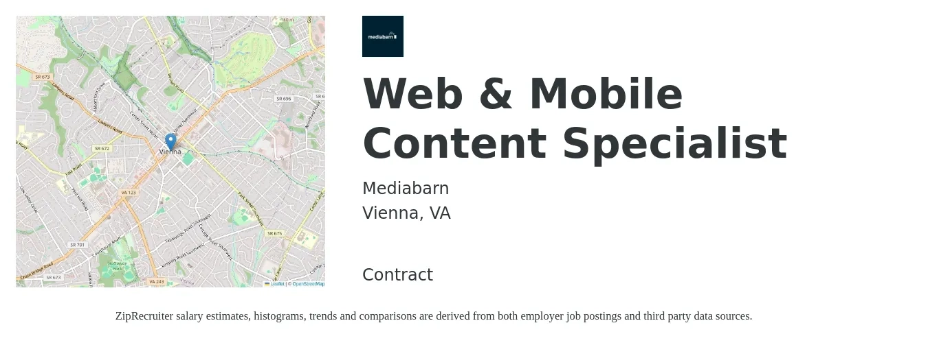Mediabarn job posting for a Web & Mobile Content Specialist in Vienna, VA with a salary of $26 to $38 Hourly with a map of Vienna location.