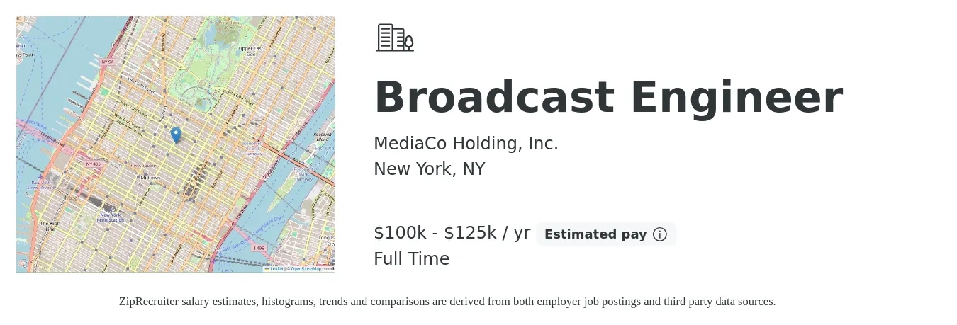 MediaCo Holding, Inc. job posting for a Broadcast Engineer in New York, NY with a salary of $100,000 to $125,000 Yearly with a map of New York location.