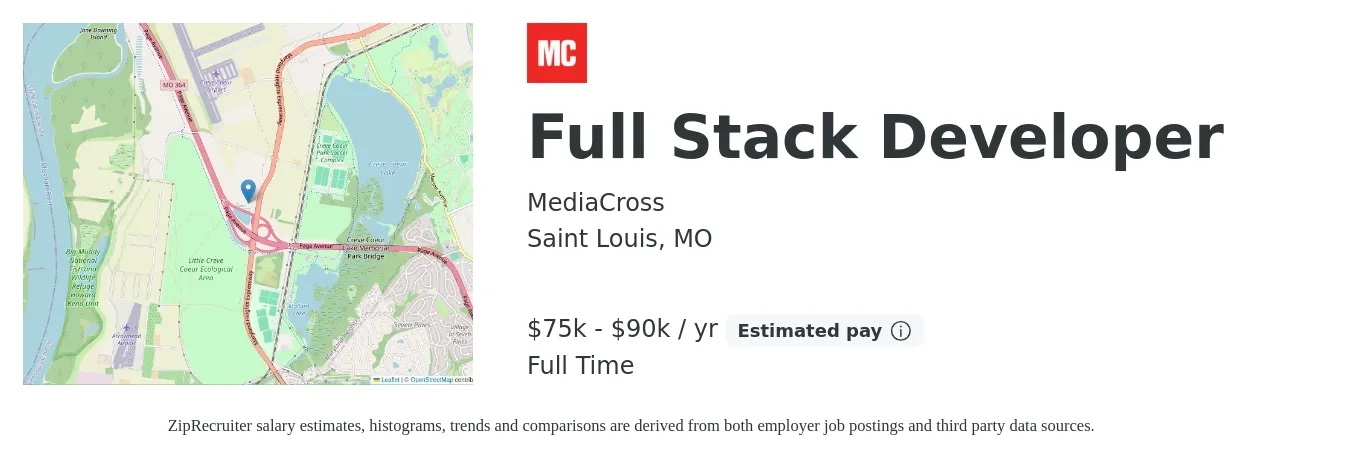 MediaCross job posting for a Full Stack Developer in Saint Louis, MO with a salary of $75,000 to $90,000 Yearly with a map of Saint Louis location.