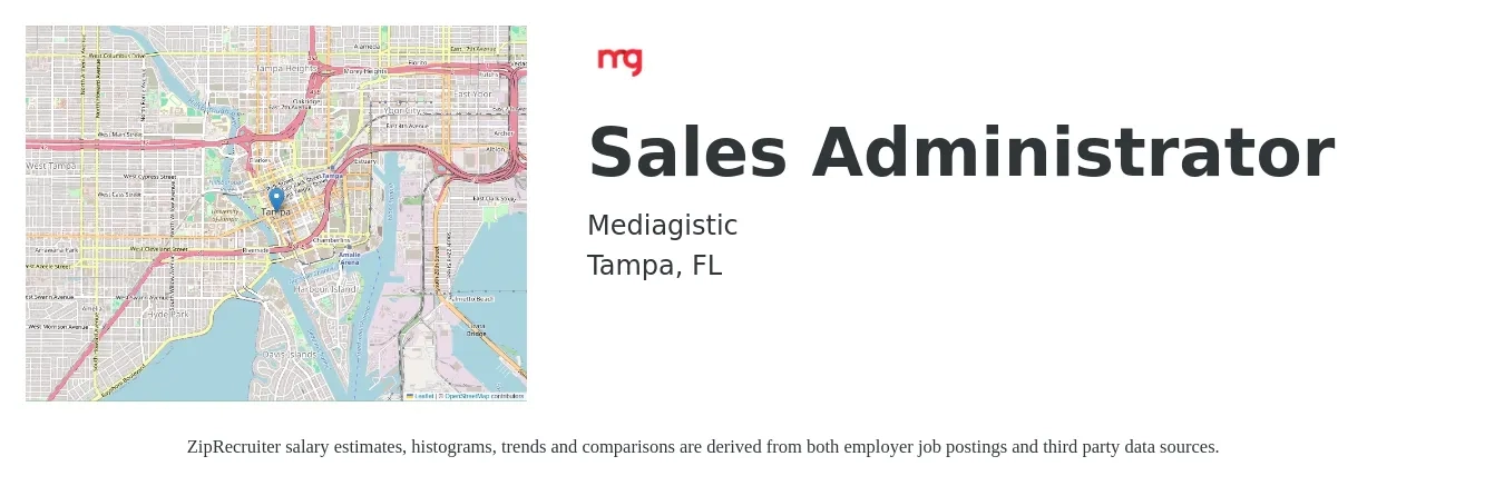Mediagistic job posting for a Sales Administrator in Tampa, FL with a salary of $18 to $25 Hourly with a map of Tampa location.