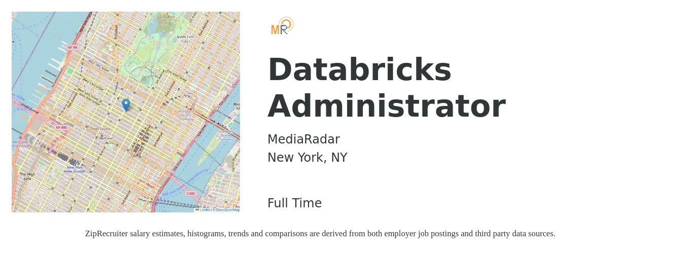 MediaRadar job posting for a Databricks Administrator in New York, NY with a salary of $140,000 Yearly with a map of New York location.