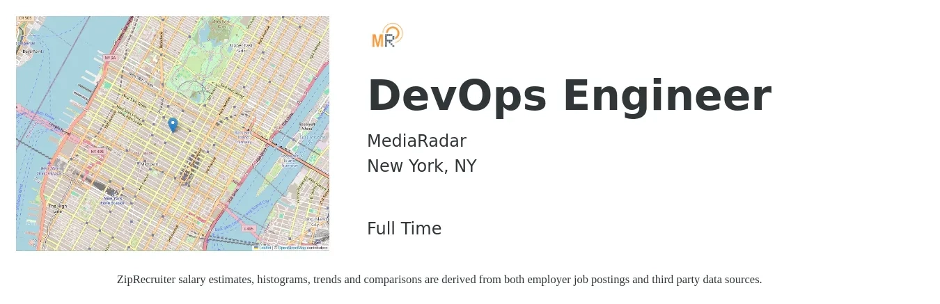 MediaRadar job posting for a DevOps Engineer in New York, NY with a salary of $145,000 Yearly with a map of New York location.