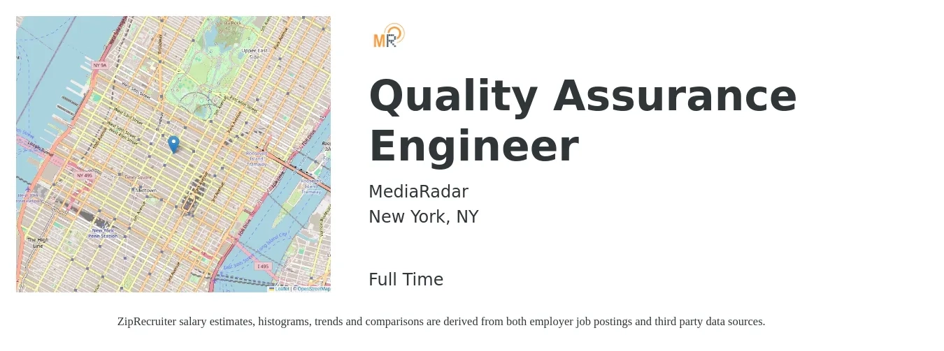 MediaRadar job posting for a Quality Assurance Engineer in New York, NY with a salary of $86,400 to $122,000 Yearly with a map of New York location.