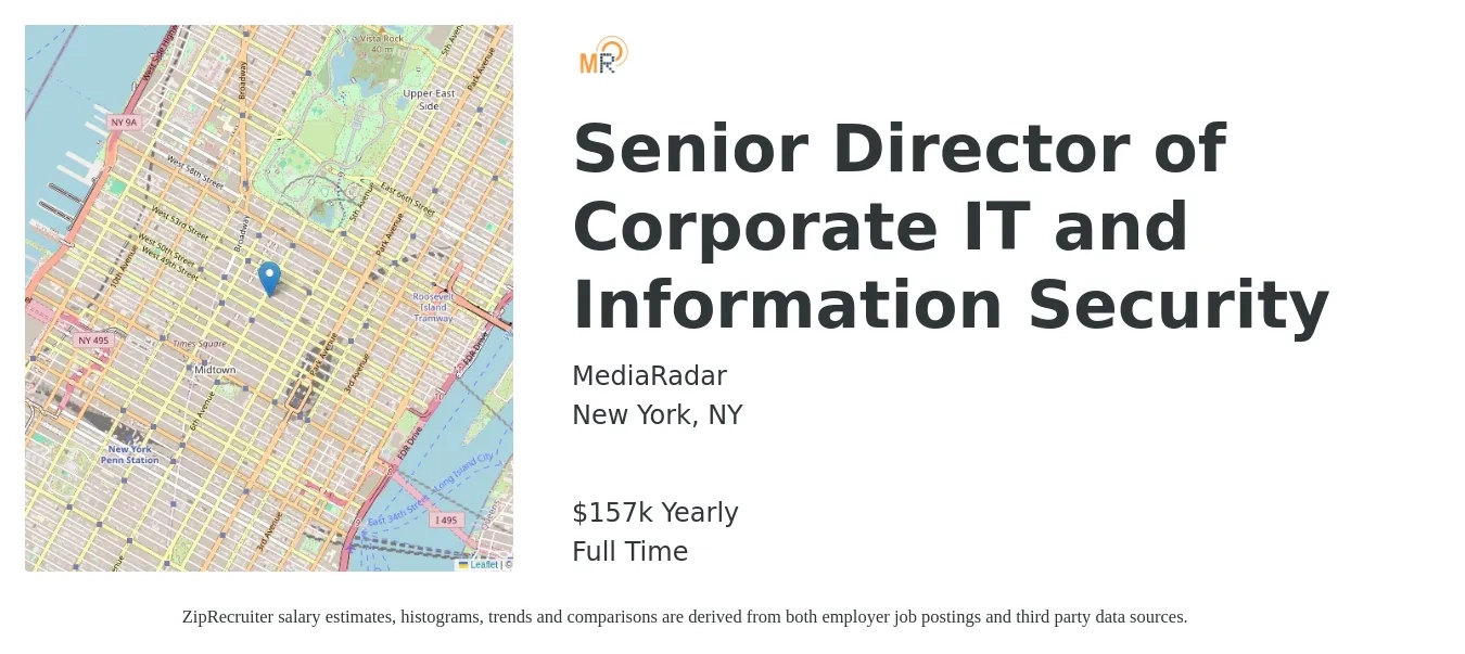 MediaRadar job posting for a Senior Director of Corporate IT and Information Security in New York, NY with a salary of $157,000 Yearly with a map of New York location.