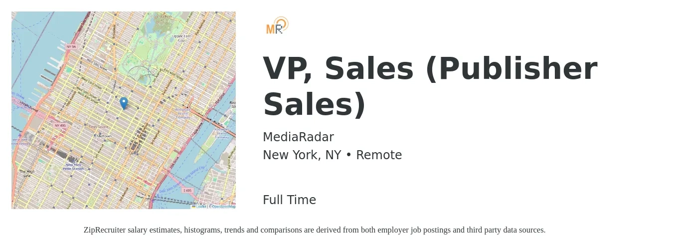 MediaRadar job posting for a VP, Sales (Publisher Sales) in New York, NY with a salary of $136,800 to $213,300 Yearly with a map of New York location.