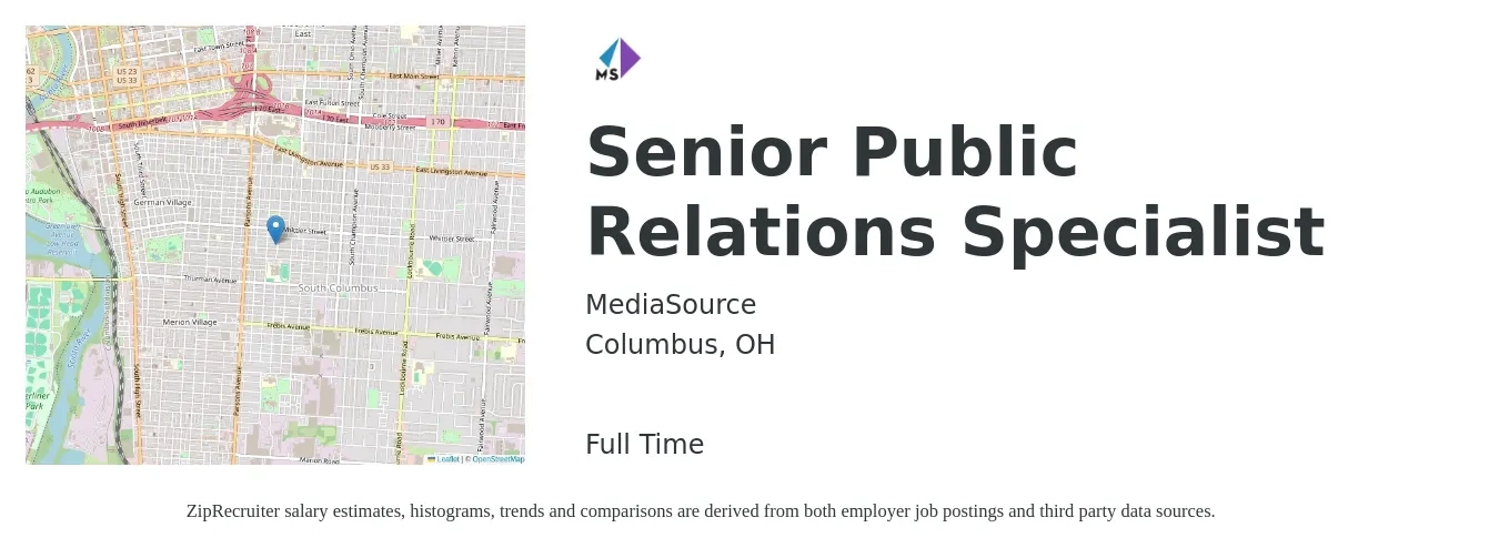 MediaSource job posting for a Senior Public Relations Specialist in Columbus, OH with a salary of $48,300 to $81,100 Yearly with a map of Columbus location.