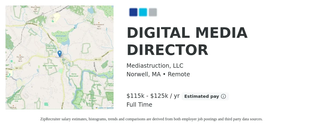 Mediastruction, LLC job posting for a DIGITAL MEDIA DIRECTOR in Norwell, MA with a salary of $115,000 to $125,000 Yearly with a map of Norwell location.