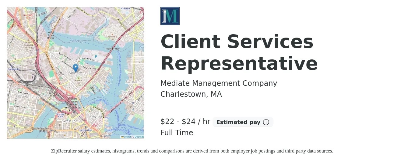 Mediate Management Company job posting for a Client Services Representative in Charlestown, MA with a salary of $23 to $25 Hourly with a map of Charlestown location.