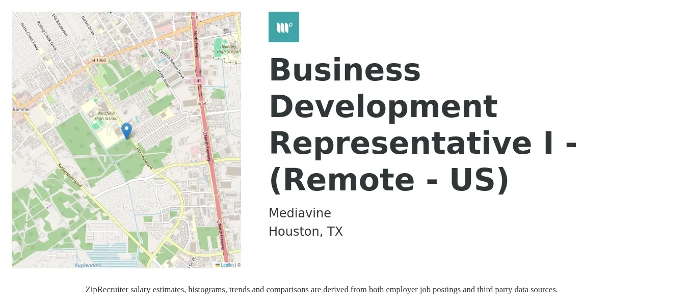 Mediavine job posting for a Business Development Representative I - (Remote - US) in Houston, TX with a salary of $43,000 to $66,800 Yearly with a map of Houston location.