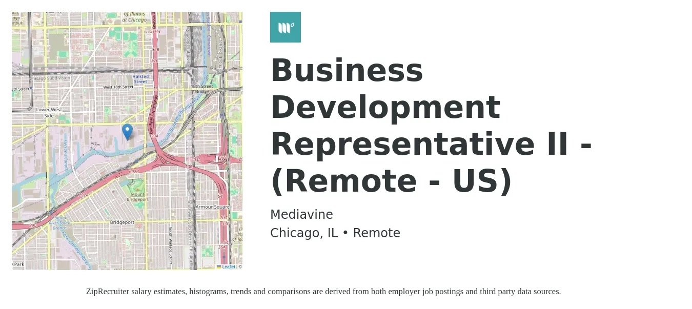 Mediavine job posting for a Business Development Representative II - (Remote - US) in Chicago, IL with a salary of $46,400 to $72,100 Yearly with a map of Chicago location.