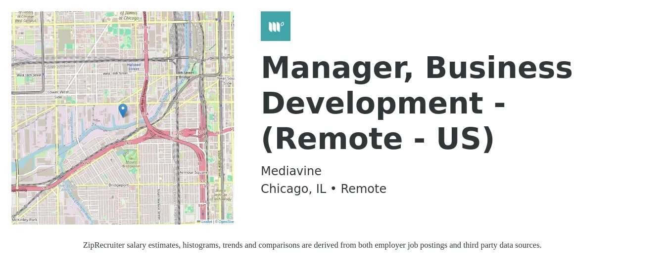 Mediavine job posting for a Manager, Business Development - (Remote - US) in Chicago, IL with a salary of $62,900 to $103,100 Yearly with a map of Chicago location.