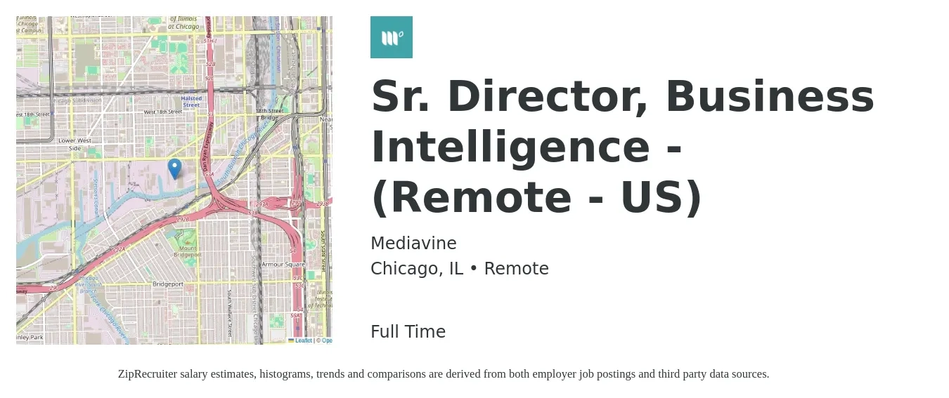 Mediavine job posting for a Sr. Director, Business Intelligence - (Remote - US) in Chicago, IL with a salary of $144,700 to $161,700 Yearly with a map of Chicago location.