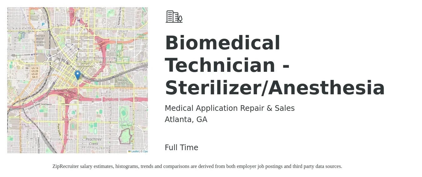 Medical Application Repair & Sales job posting for a Biomedical Technician - Sterilizer/Anesthesia in Atlanta, GA with a salary of $24 to $32 Hourly with a map of Atlanta location.