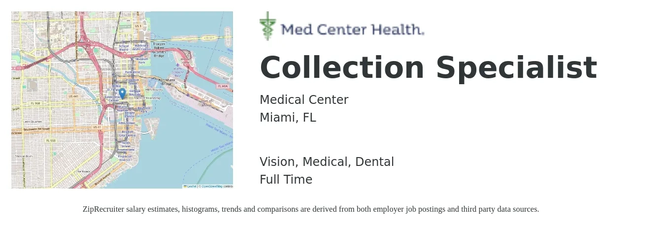 Medical Center job posting for a Collection Specialist in Miami, FL with a salary of $18 to $24 Hourly and benefits including dental, life_insurance, medical, retirement, and vision with a map of Miami location.