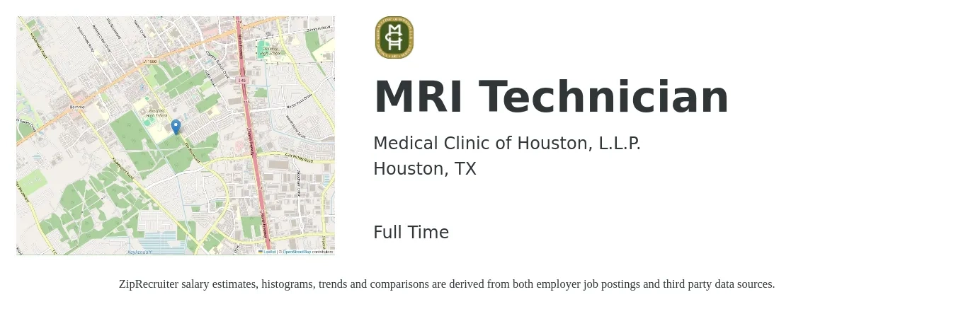 Medical Clinic of Houston, L.L.P. job posting for a MRI Technician in Houston, TX with a salary of $1,580 to $2,400 Weekly with a map of Houston location.