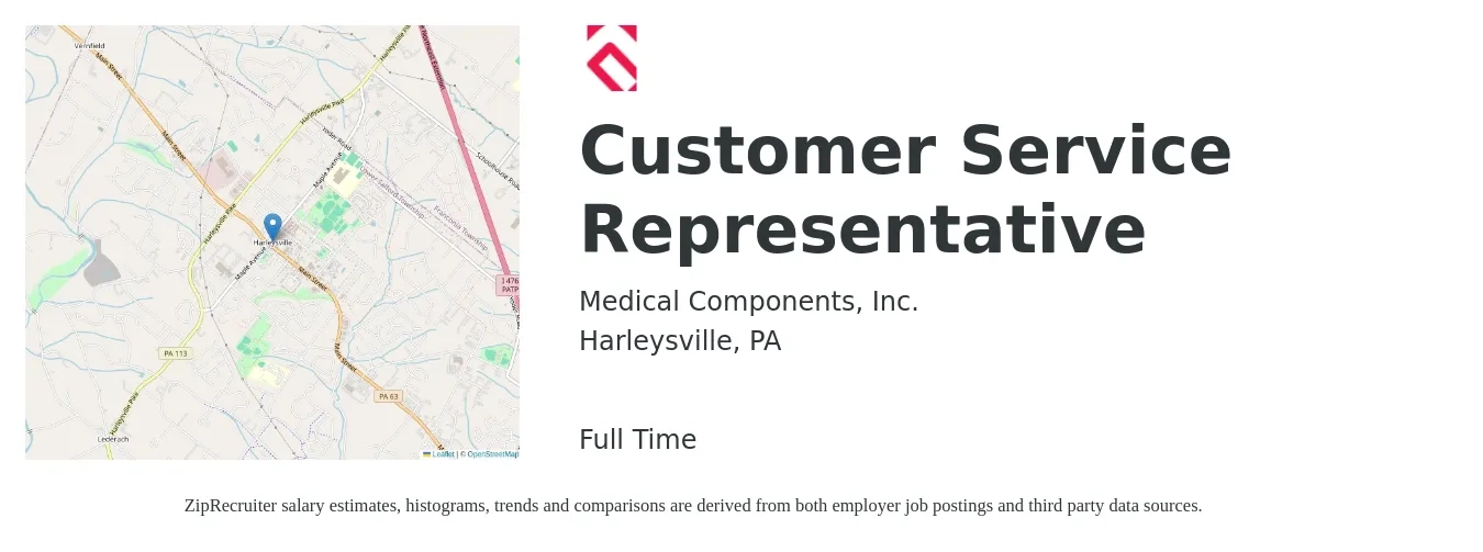 Medical Components, Inc. job posting for a Customer Service Representative in Harleysville, PA with a map of Harleysville location.