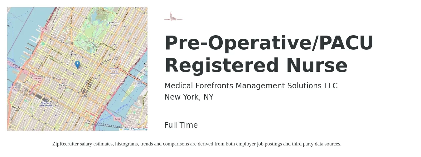 Medical Forefronts Management Solutions job posting for a Pre-Operative/PACU Registered Nurse in New York, NY with a salary of $2,080 to $3,170 Weekly with a map of New York location.