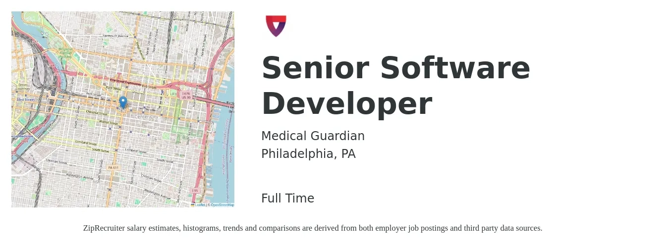 Medical Guardian job posting for a Senior Software Developer in Philadelphia, PA with a salary of $55 to $73 Hourly with a map of Philadelphia location.